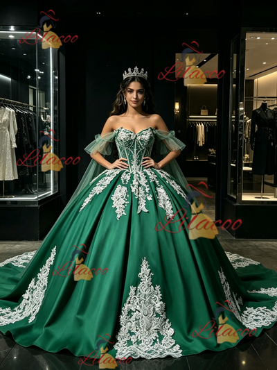 Green Satin Off the Shoulder Appliques Quinceanera Dress