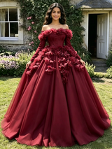 Burgundy Tulle Long Sleeve 3D Flower Quinceanera Dress