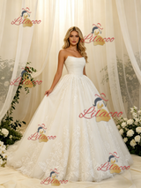 White Tulle Lace Strapless Pleats Wedding Dress