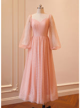 Pink Tulle Sequins Long Sleeve Prom Dress