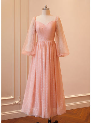 Pink Tulle Sequins Long Sleeve Prom Dress