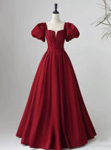 Burgundy Satin Square Neck Puff Sleeve Pleats Prom Dress