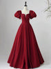 Burgundy Satin Square Neck Puff Sleeve Pleats Prom Dress
