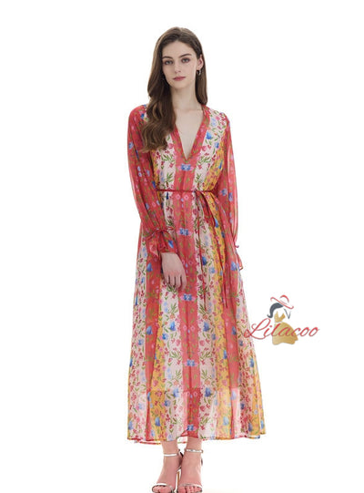 Sexy V-neck Printed Long Sleeve Dress