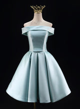 Blue Satin Off the Shoulder Pleats Homecoming Dress