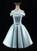 Blue Satin Off the Shoulder Pleats Homecoming Dress