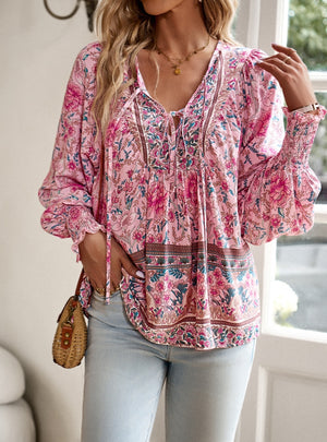 Printed Long-sleeved V-neck Shirt