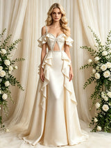 Ivory Satin Straps Beading Wedding Dress