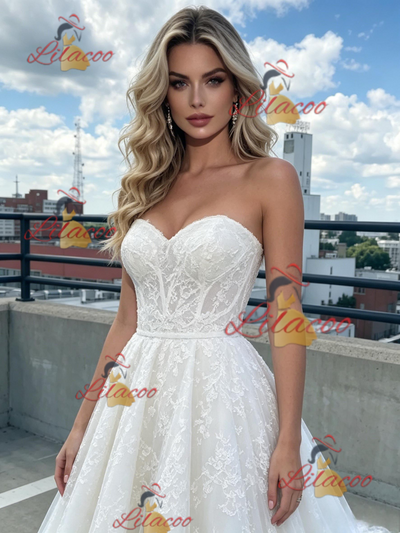 White Tulle Strapless Appliques Prom Dress