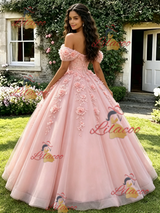 Pink Tulle Off the Shoulder 3D Flower Quinceanera Dress