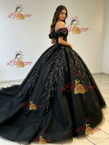 Black Tulle Appliques Off the Shoulder Quinceanera Dress