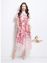 Pearl-breasted Slim Printed Chiffon Dress