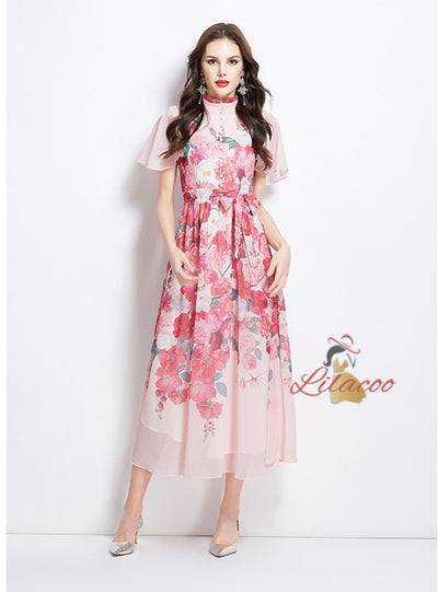 Pearl-breasted Slim Printed Chiffon Dress