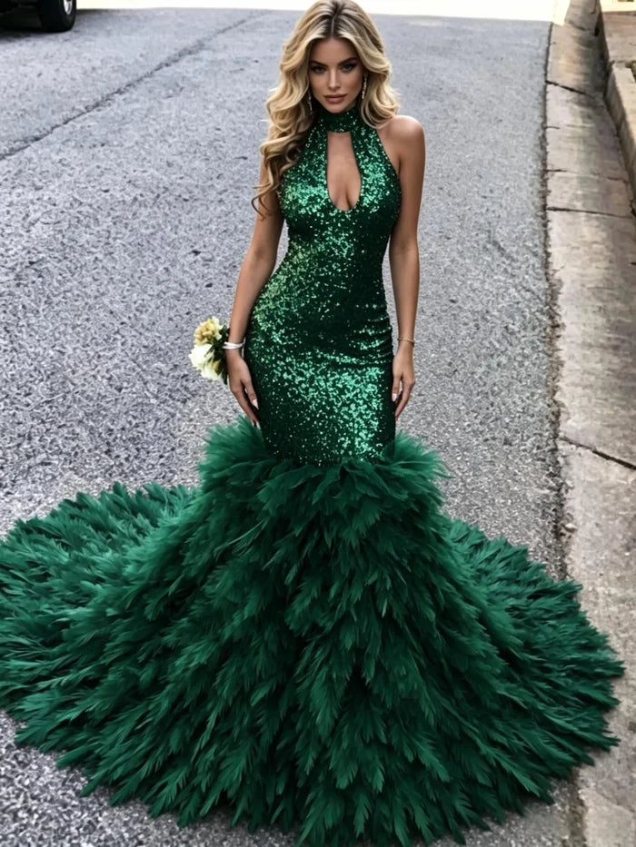Green Mermaid Sequins Halter Prom Dress