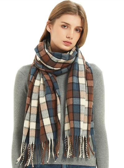 Black and White Fringed Plaid Scarf Shawl