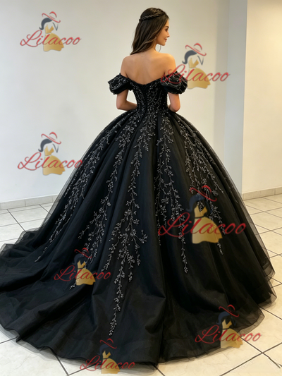 Black Tulle Appliques Off the Shoulder Quinceanera Dress