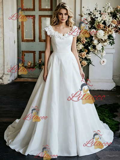 White Satin Flower Wedding Dress