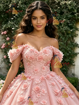 Pink Tulle Off the Shoulder 3D Flower Quinceanera Dress