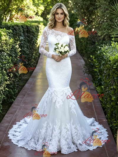 White Mermaid Lace Long Sleeve Wedding Dress