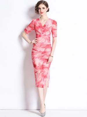 Pink Smudge Gradient Gauze V-neck Dress