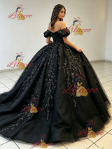 Black Tulle Appliques Off the Shoulder Quinceanera Dress