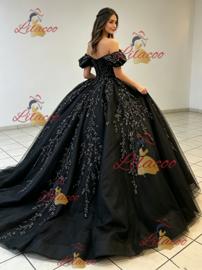 Black Tulle Appliques Off the Shoulder Quinceanera Dress