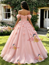 Pink Tulle Off the Shoulder 3D Flower Quinceanera Dress
