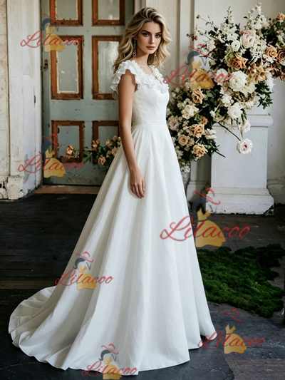 White Satin Flower Wedding Dress