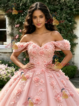 Pink Tulle Off the Shoulder 3D Flower Quinceanera Dress