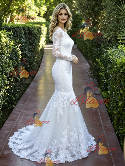 White Mermaid Lace Long Sleeve Wedding Dress