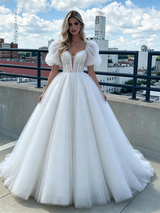White Tulle Puff Sleeve Prom Dress