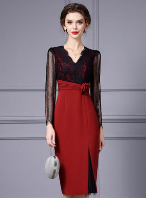 Red Lace V-neck Mother Of The Bride Dress