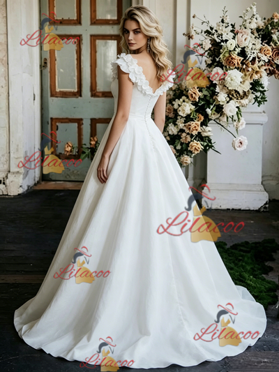 White Satin Flower Wedding Dress
