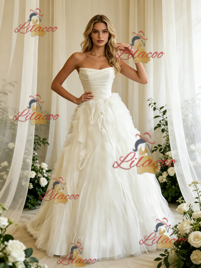 White Tulle Straples Pleats Wedding Dress