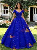 Blue Sequins V-neck Cap Sleeve Quinceanera Dress
