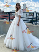 White Tulle Puff Sleeve Prom Dress