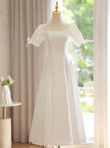 White Square Neck Short Sleeve Bow Wedding Dress