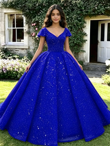 Blue Sequins V-neck Cap Sleeve Quinceanera Dress