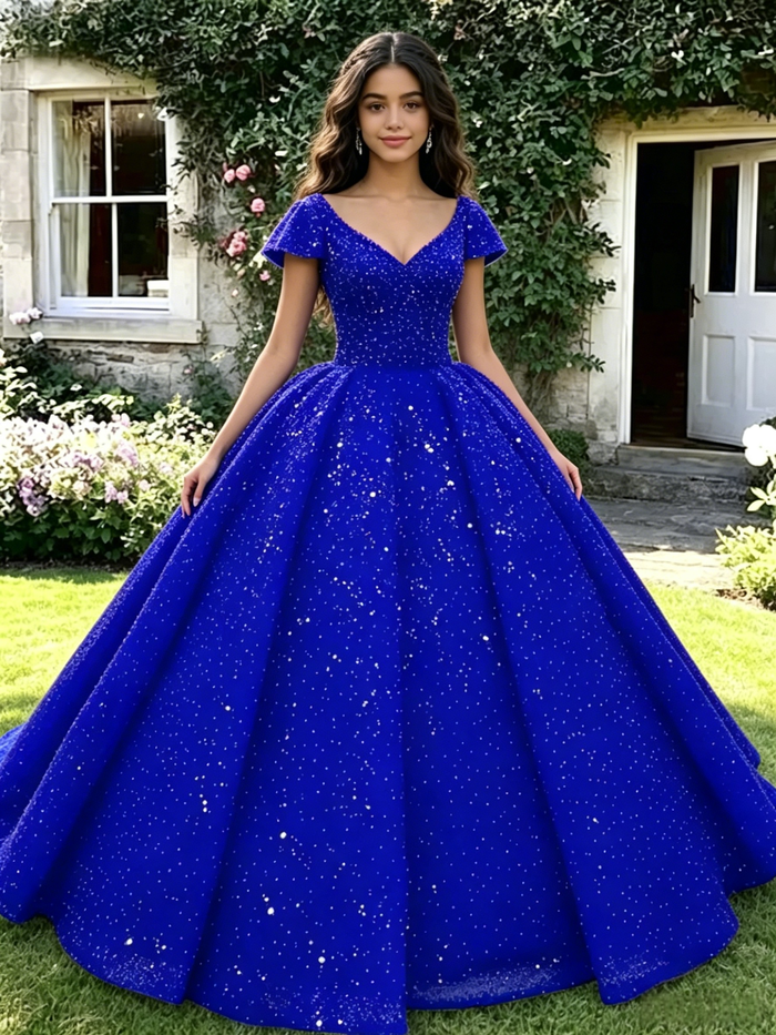 Blue Sequins V-neck Cap Sleeve Quinceanera Dress