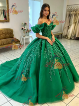 Green Tulle Off the Shoulder Appliques Quinceanera Dress