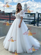 White Tulle Puff Sleeve Prom Dress