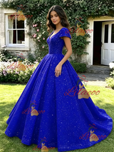 Blue Sequins V-neck Cap Sleeve Quinceanera Dress