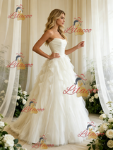 White Tulle Straples Pleats Wedding Dress