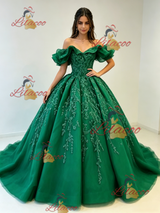 Green Tulle Off the Shoulder Appliques Quinceanera Dress