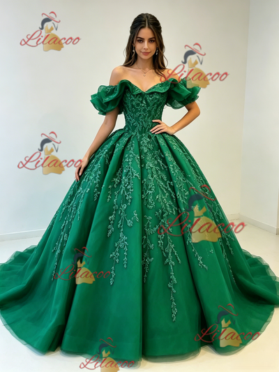 Green Tulle Off the Shoulder Appliques Quinceanera Dress