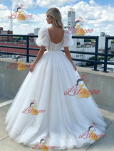 White Tulle Puff Sleeve Prom Dress