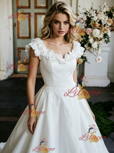 White Satin Flower Wedding Dress