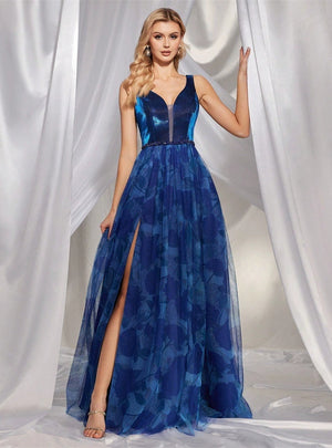 V-neck Print Stitching Rhinestone Split Dress