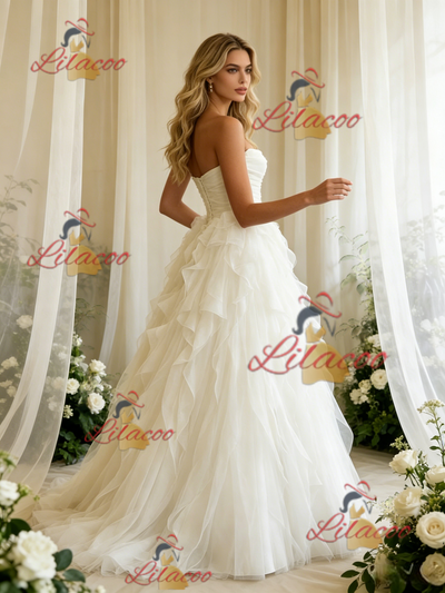 White Tulle Straples Pleats Wedding Dress
