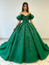 Green Tulle Off the Shoulder Appliques Quinceanera Dress